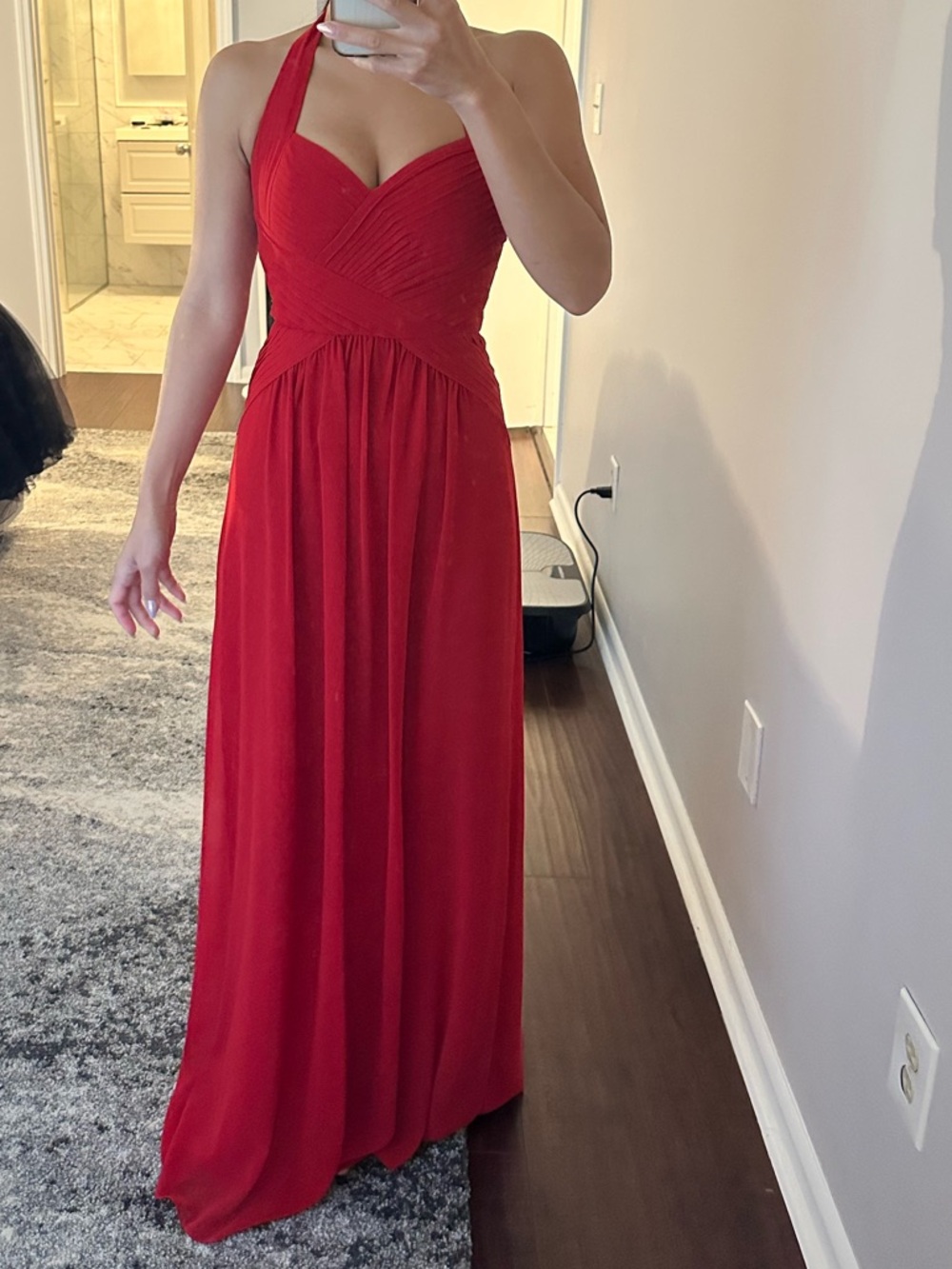 BCBGMaxAzria Red Halter Ruched Maxi Dress
